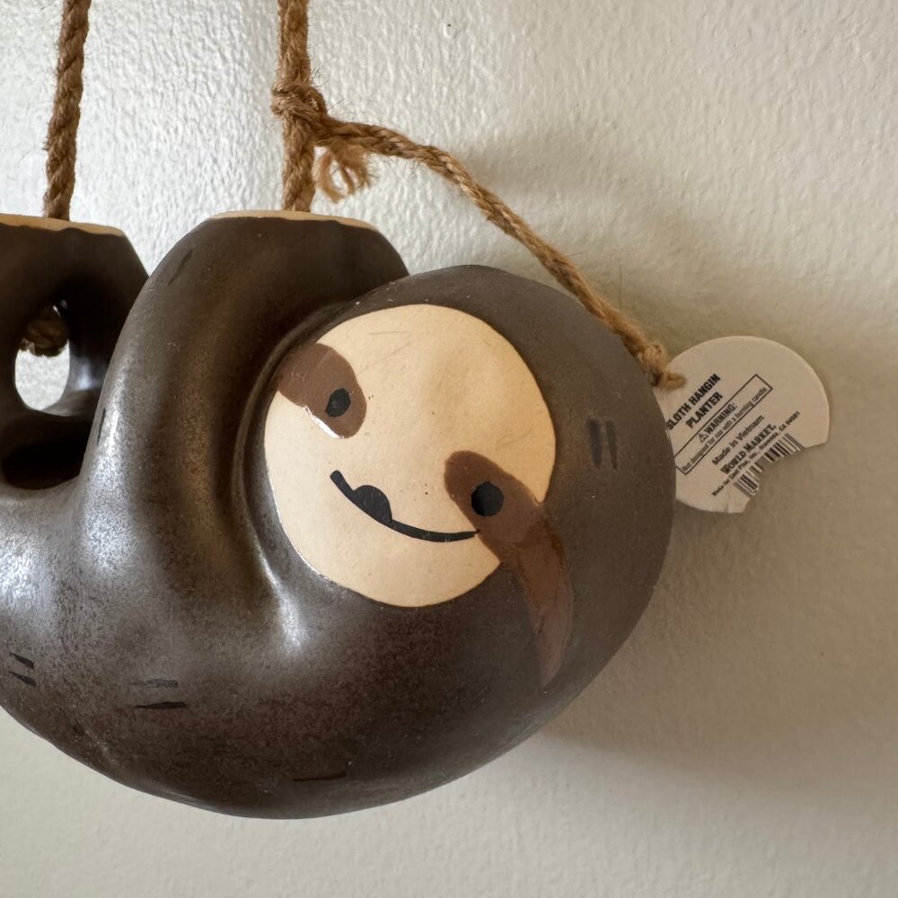 Ceramic Hanging Sloth Planter Pot with Jute Rope in Brown NWT - Picture 5 of 10